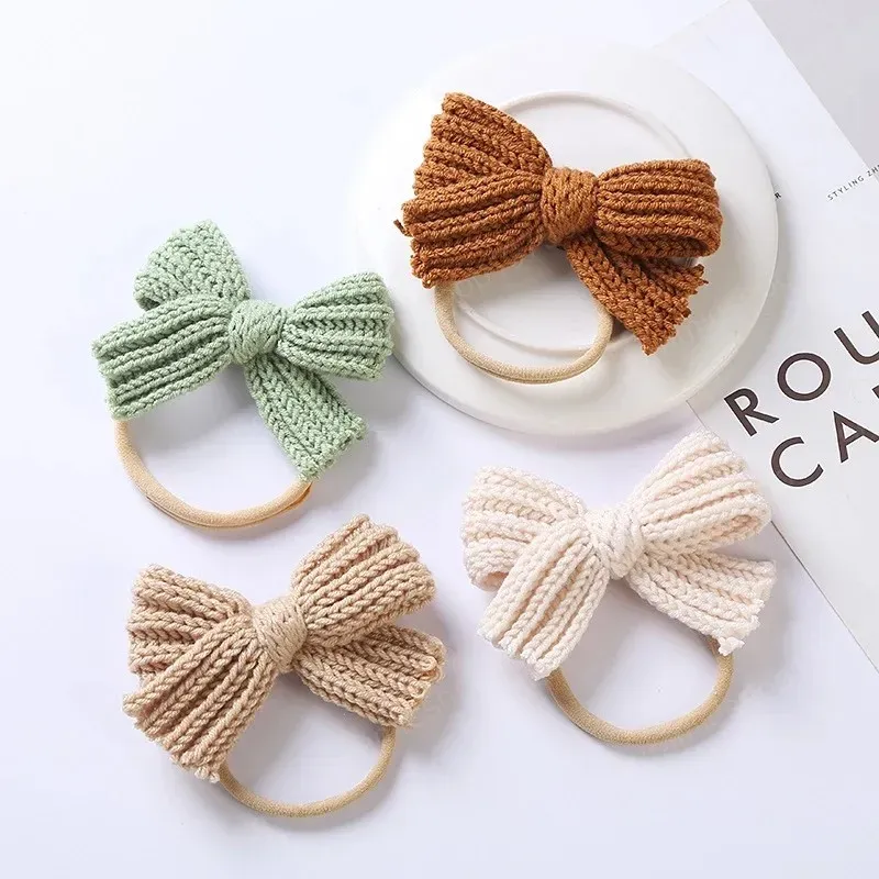 Cute Knitting Wool Bowknot Elastic Hairband Infant Solid Color Crochet Bows Nylon Headband Children Headwear Birthday Gift