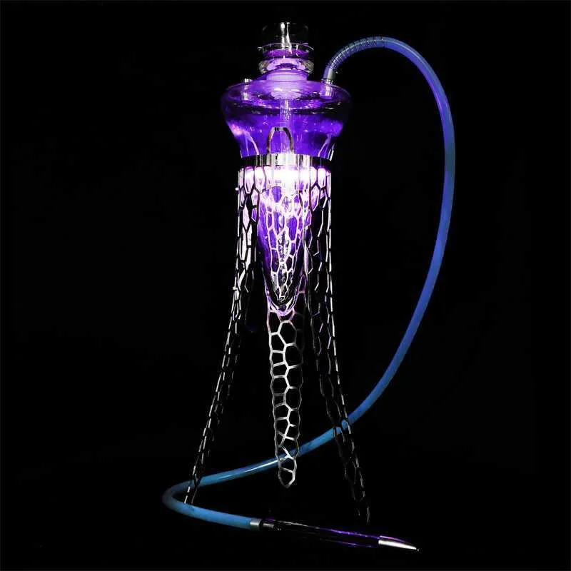 Haute Qualité En Acier Inoxydable Narguilé Shisha Ensemble Transparent Narguile Shisha Complet Chicha Bol Tuyau D'eau Led Lumière Vase HKD230809