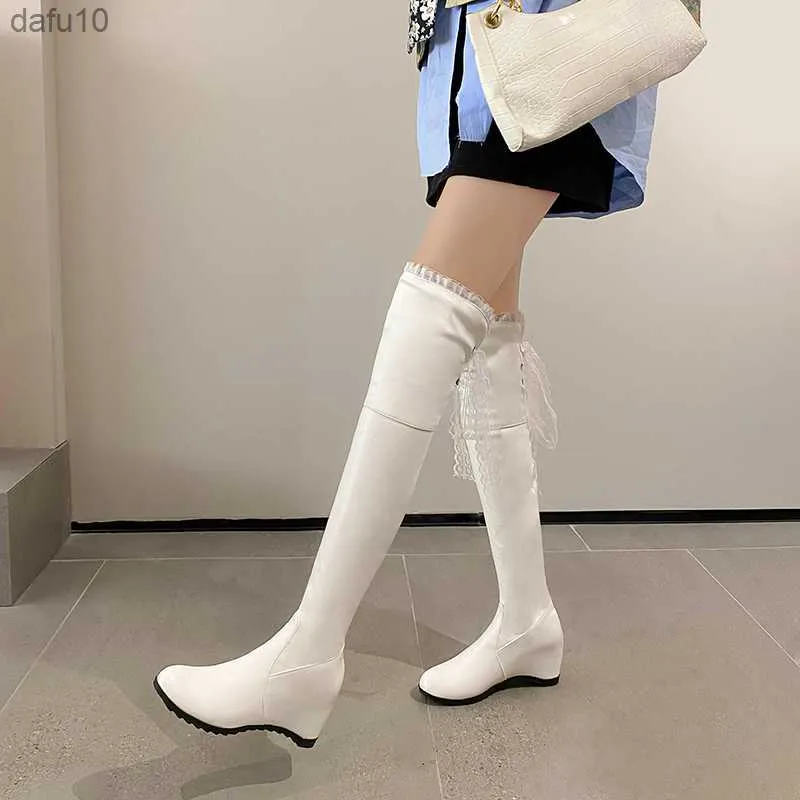 Seksi Dantel Tutmulu Sevimli Tatlı Güzellik Uzun Botlar Pembe Kadınların Kama Topuklu Dikiş Şeridi Kış Sıcak Botları L230704