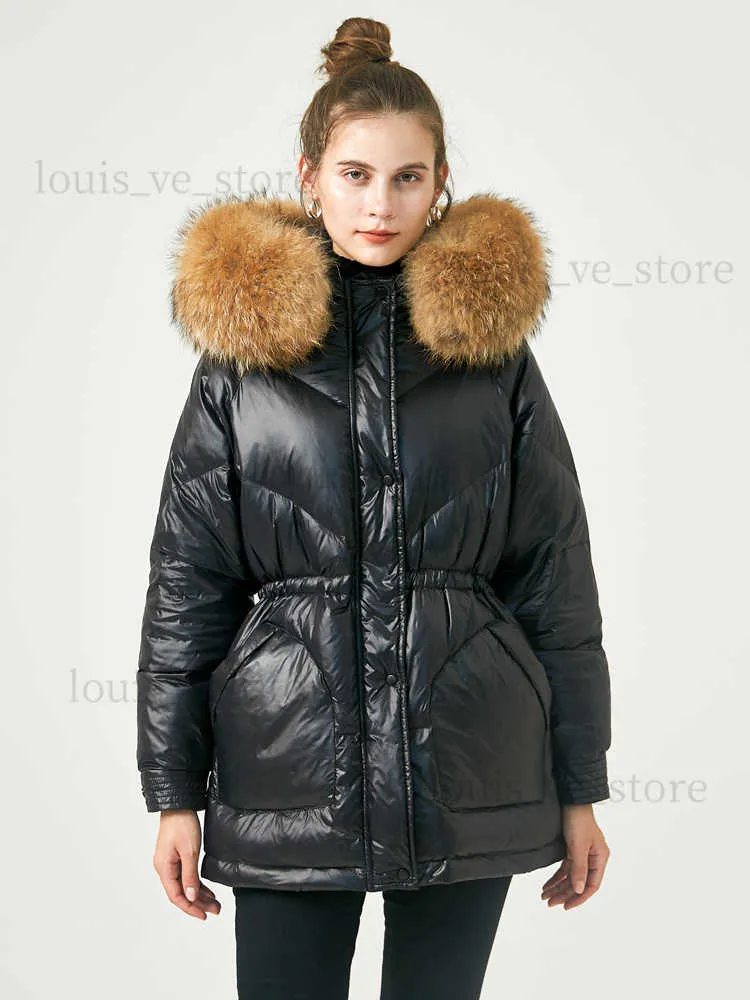 Janveny Shiny Glossy Winter 90％Duck Down Jacket Women Large Natural Raccoon Fur Hooded Puffer Coat Memale Parkas Waterproof T230809