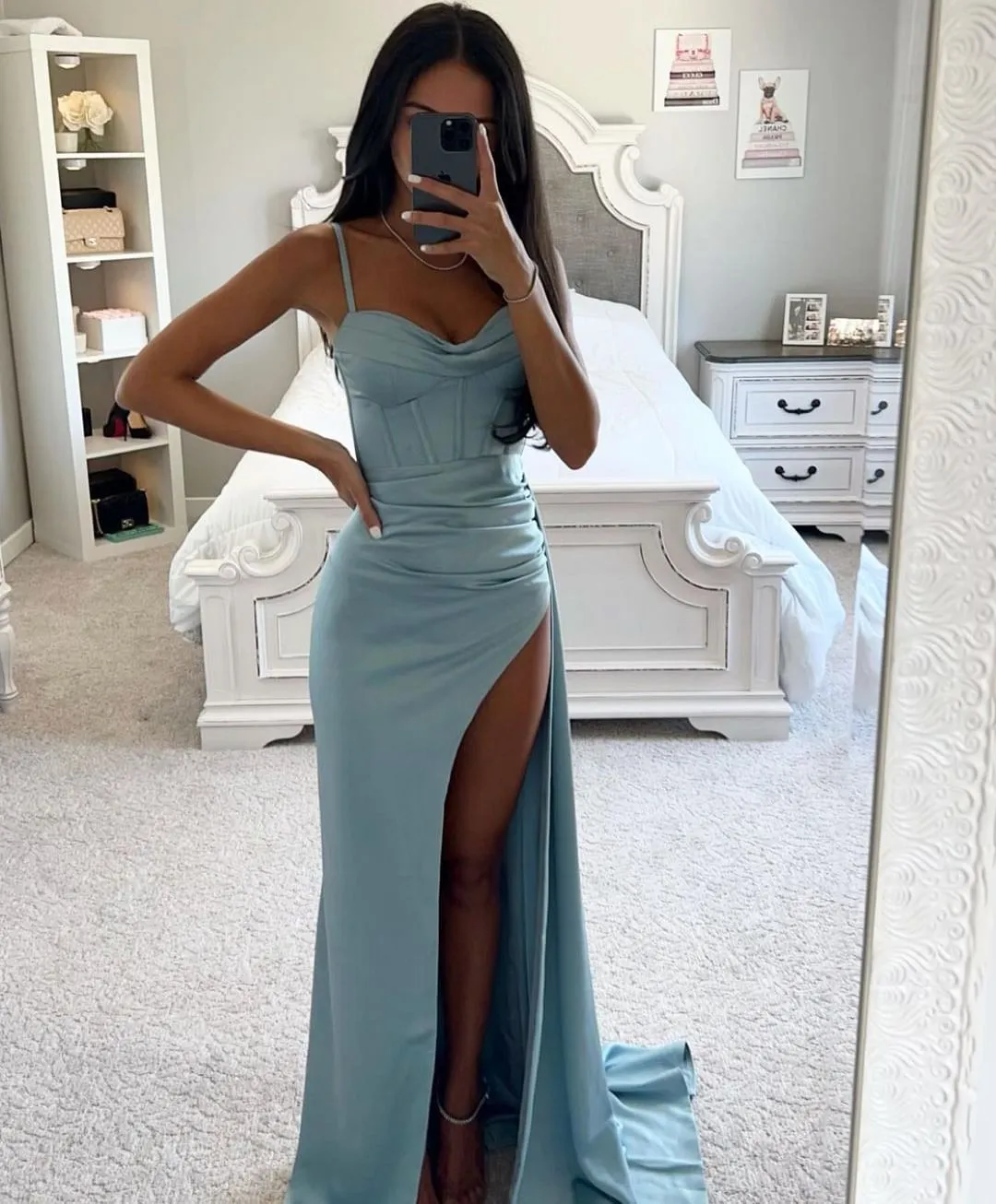 Sexy Bleu Ciel Sirène Robes De Bal Longues Pour Femmes Bretelles Spaghetti Drapées Haut Côté Split Tenue De Soirée Soirée Anniversaire Pageant Deuxième Réception Robes