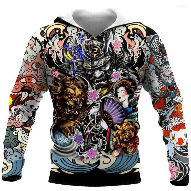 Sweat à capuche homme samouraï Geisha et tatouage Lion 3D sweat à capuche imprimé unisexe fermeture éclair décontracté Streetwear