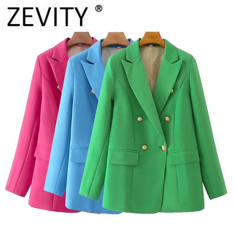 Women's Suits Blazers ZEVITY Women Fashion Double Breasted Candy Color Blazer Coat Vintage Long Sleeve Flap Pockets Female Outerwear Chic Veste 230808