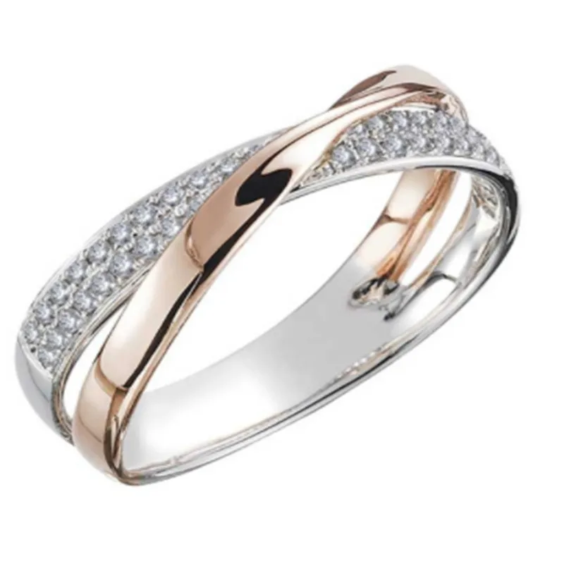 Simple Personality X-Shaped Two-Tone Women's Zircon Alloy Ring Accessories Jewellery Wholesale