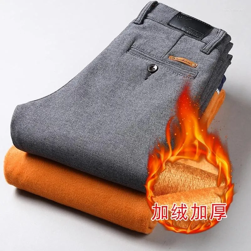 Jeans masculino inverno térmico quente flanela elástica calças masculinas de lã de qualidade calças retas reunidas