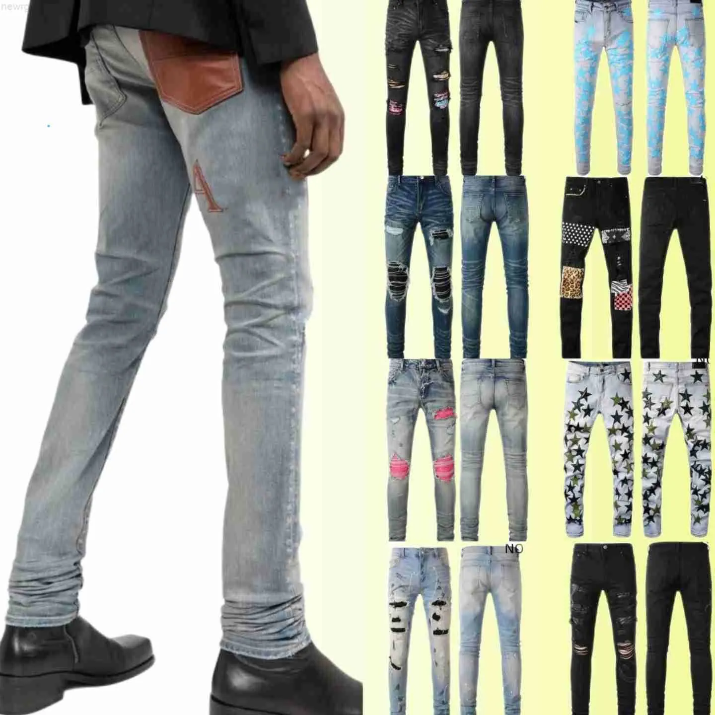 jeans Ripped miri Jeans Jeans de designer pour hommes Genou Skinny Droite Taille 28-40 Moto Trendy Long Straight Hole High Street denim 000