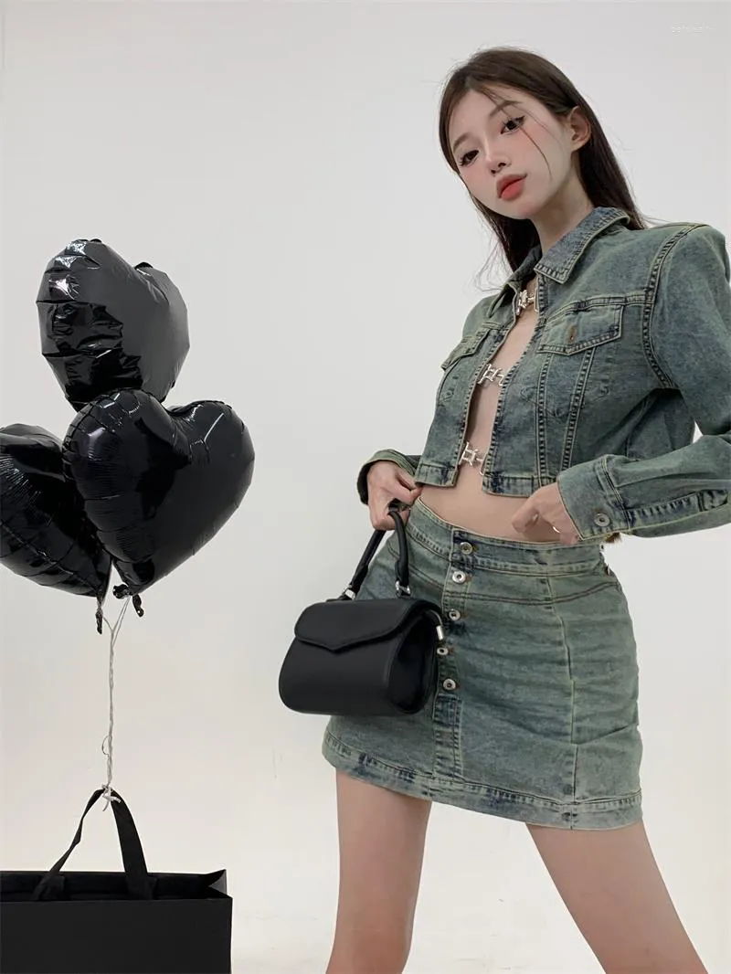 Werk Jurken Meisje Pak Retro Denim Jasje Vrouwen Herfst 2023 Korte Losse Mode Chic Tops Mini Rok 2 stuk Set Vrouwelijke Kleding