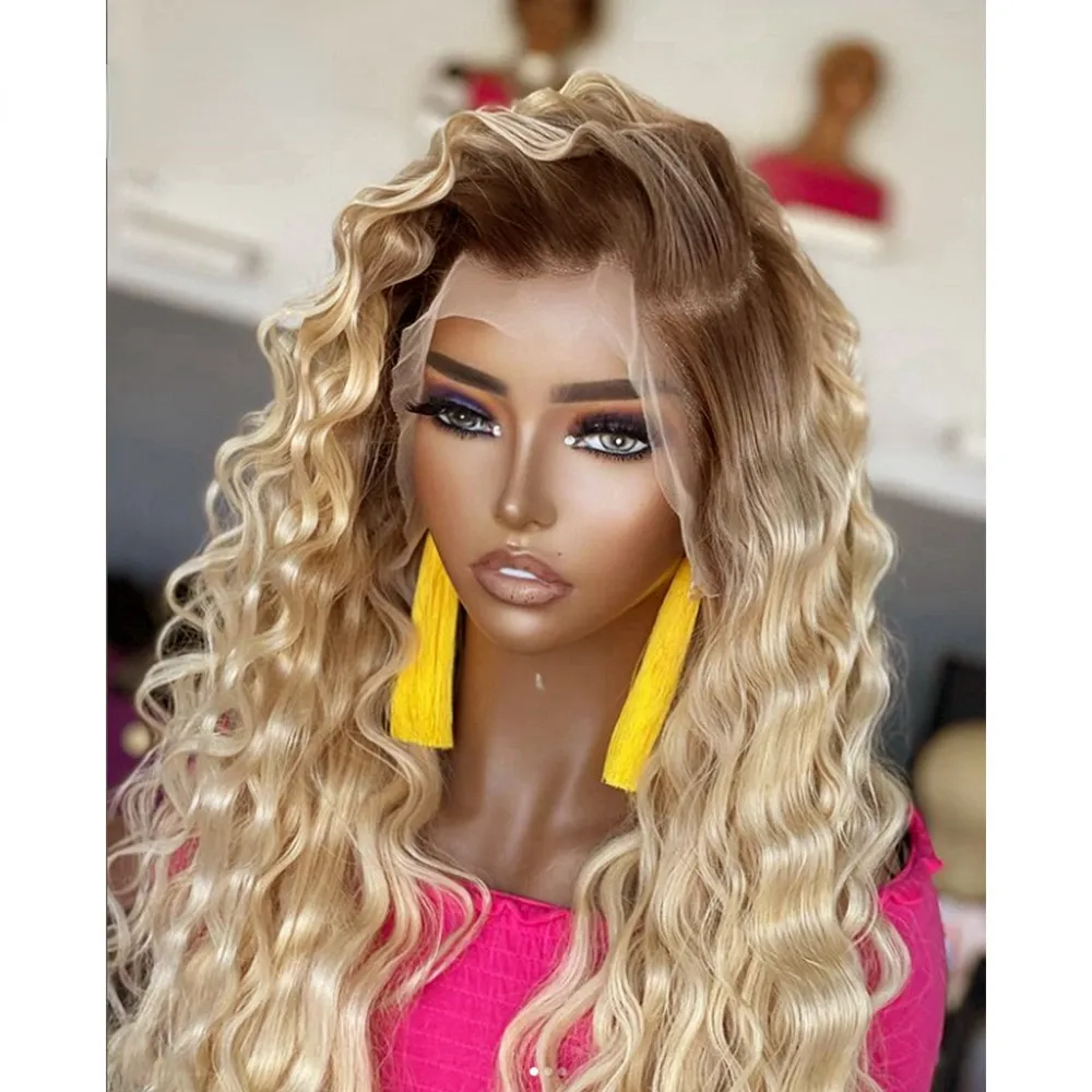 Ombre Honey Blonde Deep Wave Lace Front Human Hair Wig 13x4 Water Wave HD Transparent Lace Frontal Wigs For Women