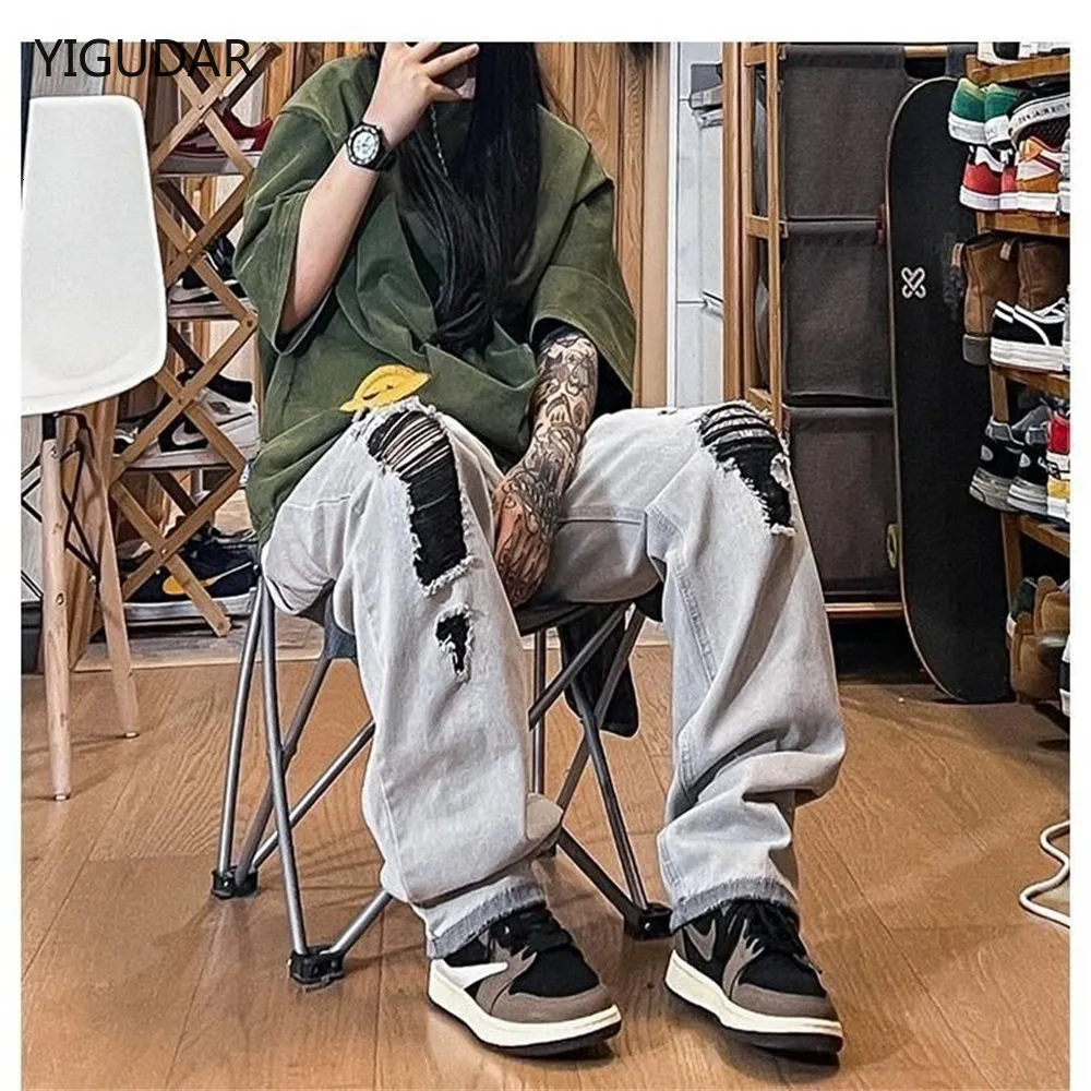 Men's Jeans Men Anklelength Holes Solid Retro Streetwear Allmatch Teen Straight Trendy Loose Leisure Harajuku High Street Chic 230809