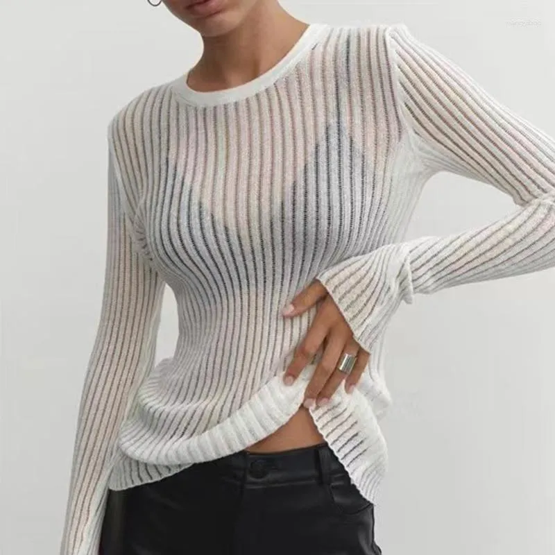 Женские свитера 2023 Модные белые элегантные полосатые виды сквозь женские наряды с длинными рукава