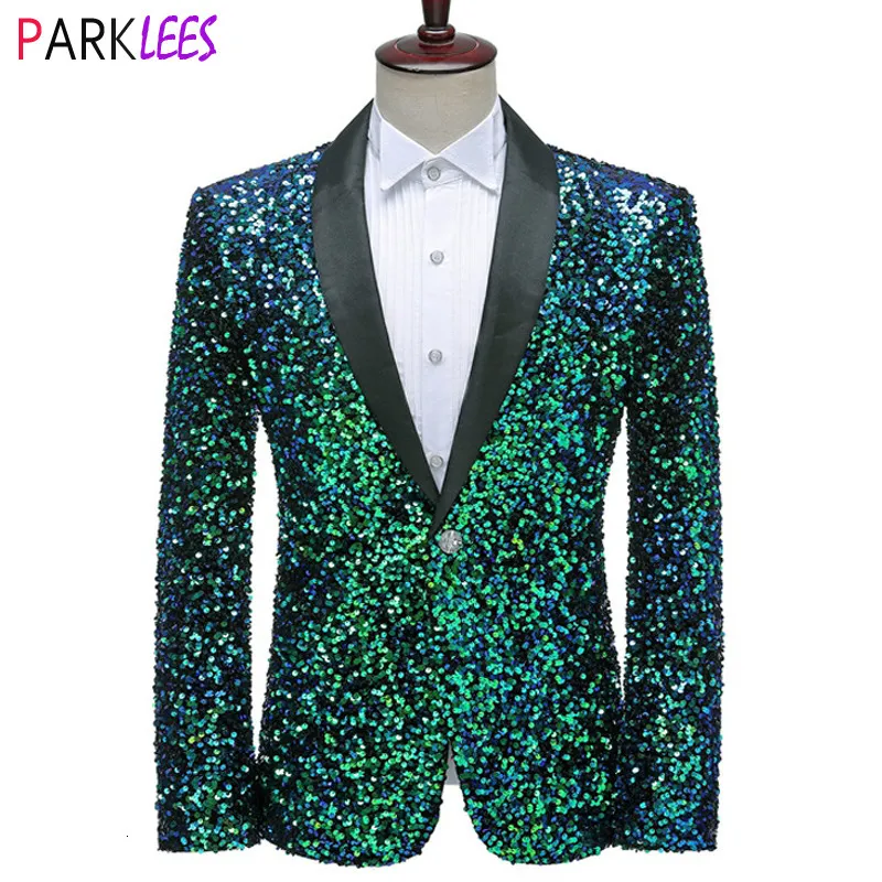 Mäns kostymer blazers glänsande gröna paljetter bling glitter blazer män sjal krage en knapp smoking kostymer blazer mens bröllop fest scen kostymer 230808