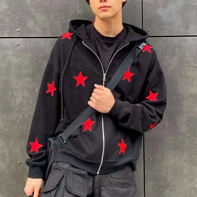 Y2K European och American Vintage Star Pattern Hoodie Jacket Emo Gothic Men's Long Sleeve Zipper Hoodie tröja Personlig gata