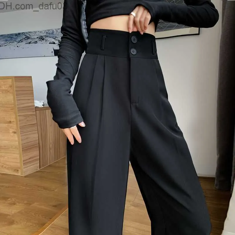 Women's Pants Capris Korean women's black suit pants with 2 buttons and wide legs Trousers vintage street clothing high-end office women's work soles Z230809