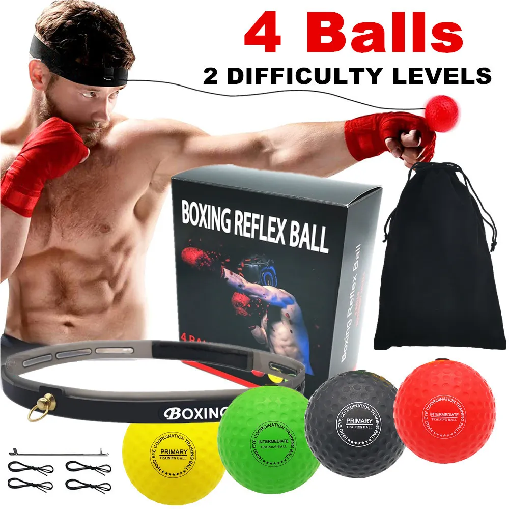 Punchingbälle, 4 Box-Reflexball-Set, 2 Schwierigkeitsstufen, mit Silikon-Stirnband für MMA, Schlaggeschwindigkeit, Kampf, Geschicklichkeit, Ballreaktion, Beweglichkeit, 230808