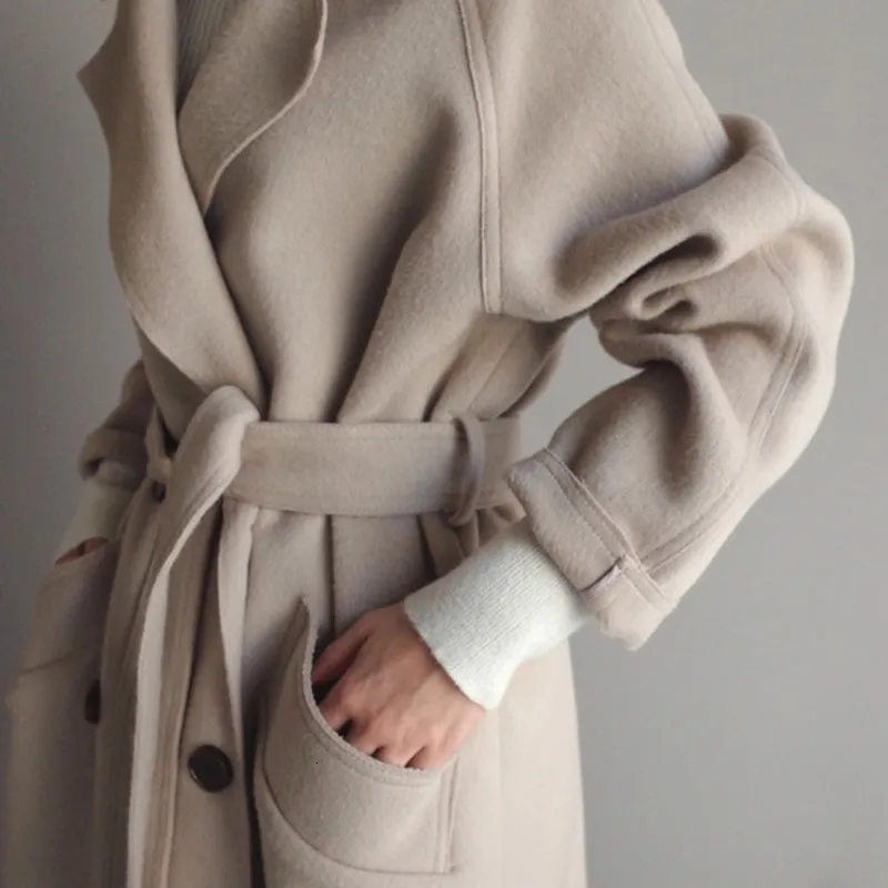 تمزج النساء الشتاء البيج الأنيق المخلوط الصلبة معطف كوري طويل الطويل أزياء أسود البسيط البسيط الإبل 230808