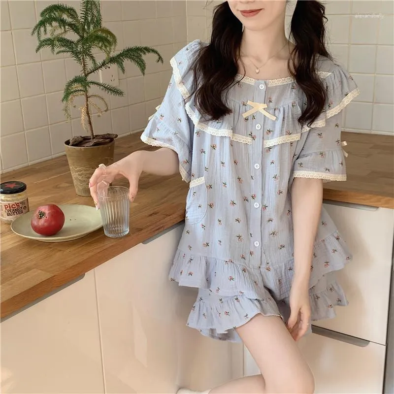 Dames slaapkleding Koreaanse ruches Lacework Bow Tie Pyjama Set Women Pijama's Korte mouw Tops Shorts Pak Huiskleding Katoen Soft S024