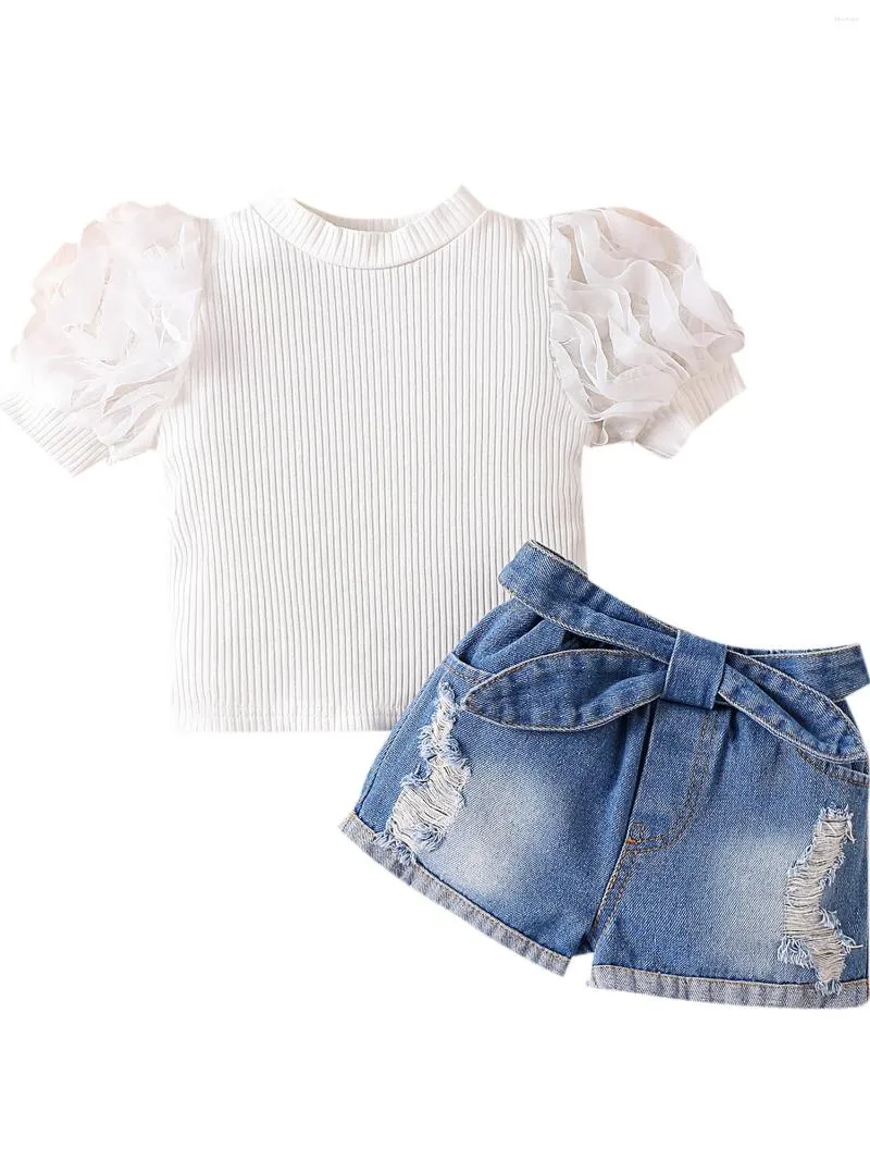 Kleding Sets Peuter Baby Kids Meisjes Jean Shorts Outfit Set Revers Druif Top Hoog Gewacht Met Heuptasje