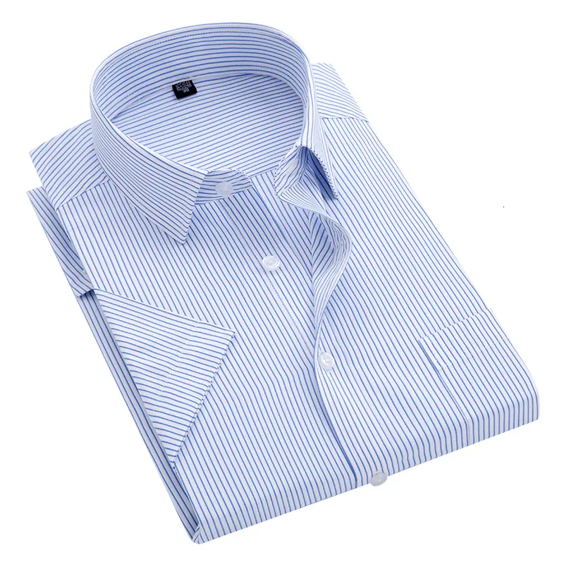 Men's Dress Shirts Summer S~8xl men's striped short sleeve dress shirt square collar non-iron regular fit anti-wrinkle pocket male social shirt 230808