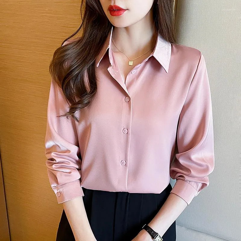 Chemisiers pour femmes Satin Blouse chemises blanches et 2023 à manches longues haut pour femme boutonné chemise col polo femme vêtements basiques dames