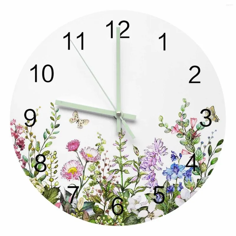 Wall Clocks Vintage Watercolor Flower Plant Luminous Pointer Clock Home Ornaments Round Silent Living Room Office Decor