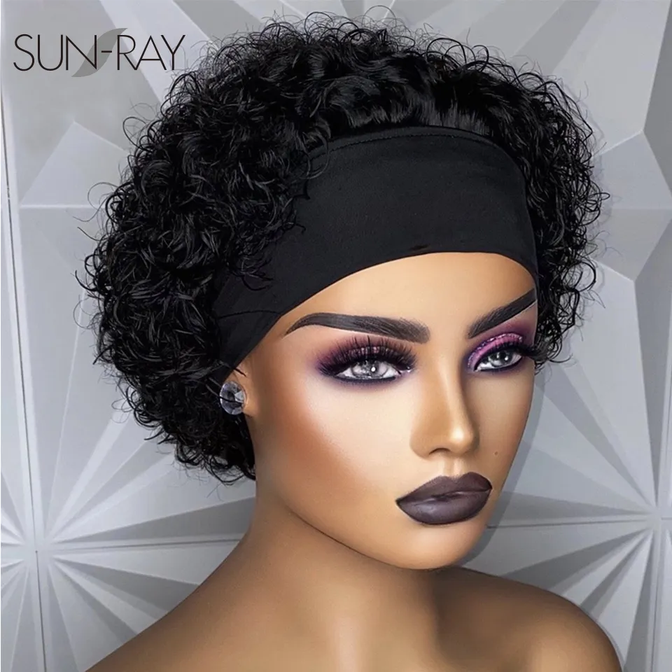 Synthetic Short Curly Pixie Cut Headband Water Wave Remy Brazilian Human Hair Scarf Wigs For Black Women Glueless hine Made Wig 230808