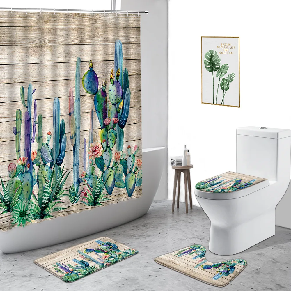 Porta-escovas 3D Plantas Tropicais Cacto Cortina de Chuveiro Conjunto de Decoração de Banheiro Criativo Pintado à Mão Cortinas de Banheiro Impermeáveis Tapete Antiderrapante 230809