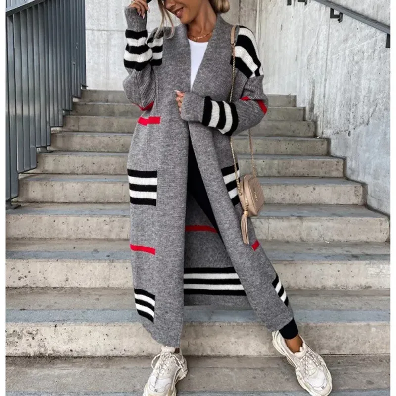 Womens Knits Tees Size SXXL Spring Striped Patchwork Long Knitted Cardigan Women Autumn Loose Outerwear Maxi Y2k Coat Soft Jacket sweater 230808