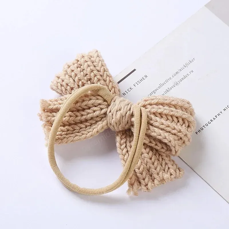 Cute Knitting Wool Bowknot Elastic Hairband Infant Solid Color Crochet Bows Nylon Headband Children Headwear Birthday Gift