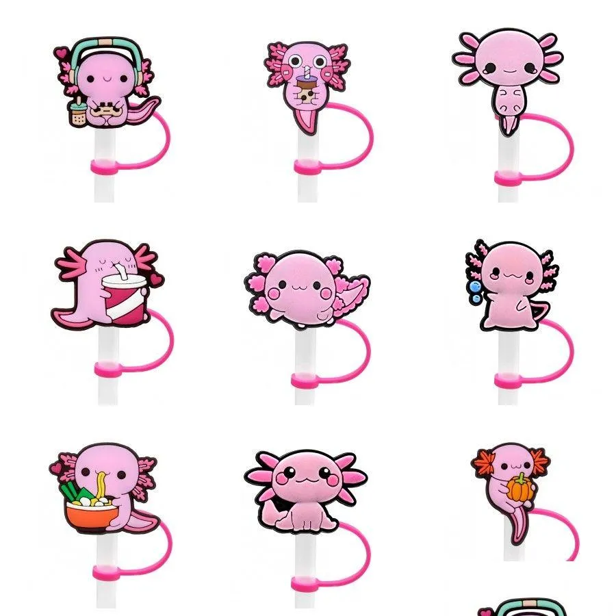 마실 빨대 Cynops Orientalis Pink Salamander st er Topper Sile Accessories Charms 재사용 가능한 Splash Proof Dust Plug Decorative DIY