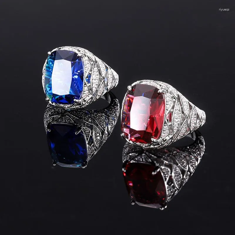 Cluster Ringen Vintage Court Style Cushion 12 16mm Lab Sapphire Ruby Wedding Ring 925 Silver Gemstone Female Promise Party Verjaardagscadeau