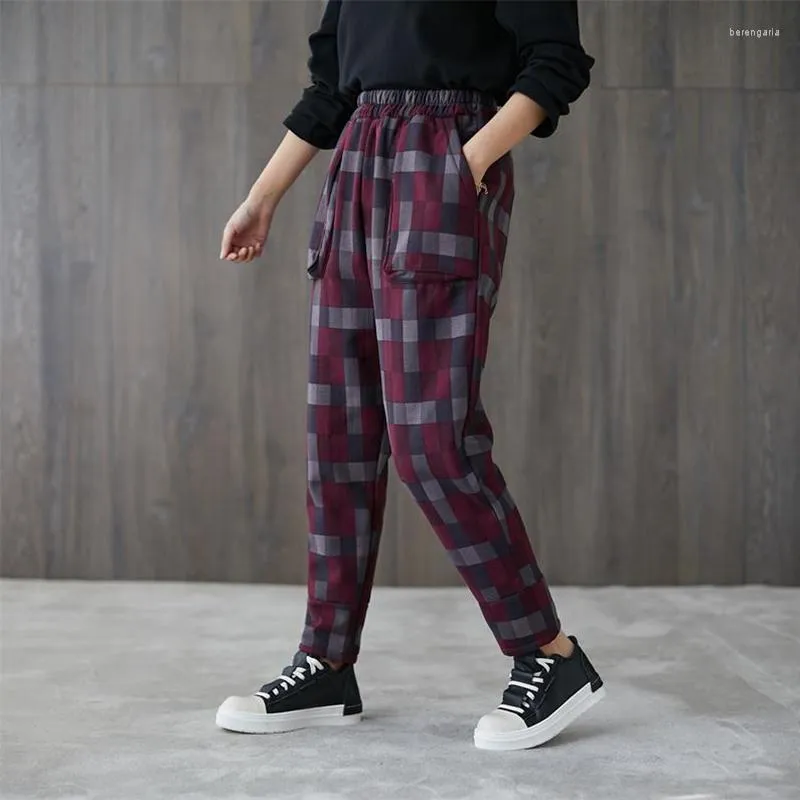 Frauen Hosen Winter Kunst Stil Frauen Lose Beiläufige Elastische Taille Harem Verdickte Wärme Plaid Baumwolle Knöchel-länge A991