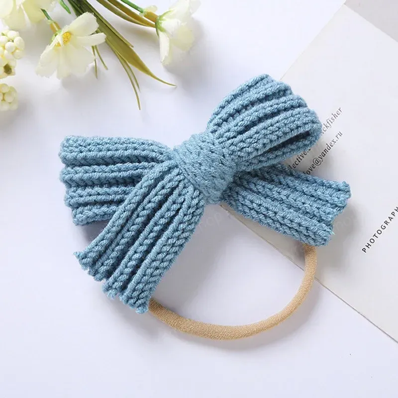 Cute Knitting Wool Bowknot Elastic Hairband Infant Solid Color Crochet Bows Nylon Headband Children Headwear Birthday Gift