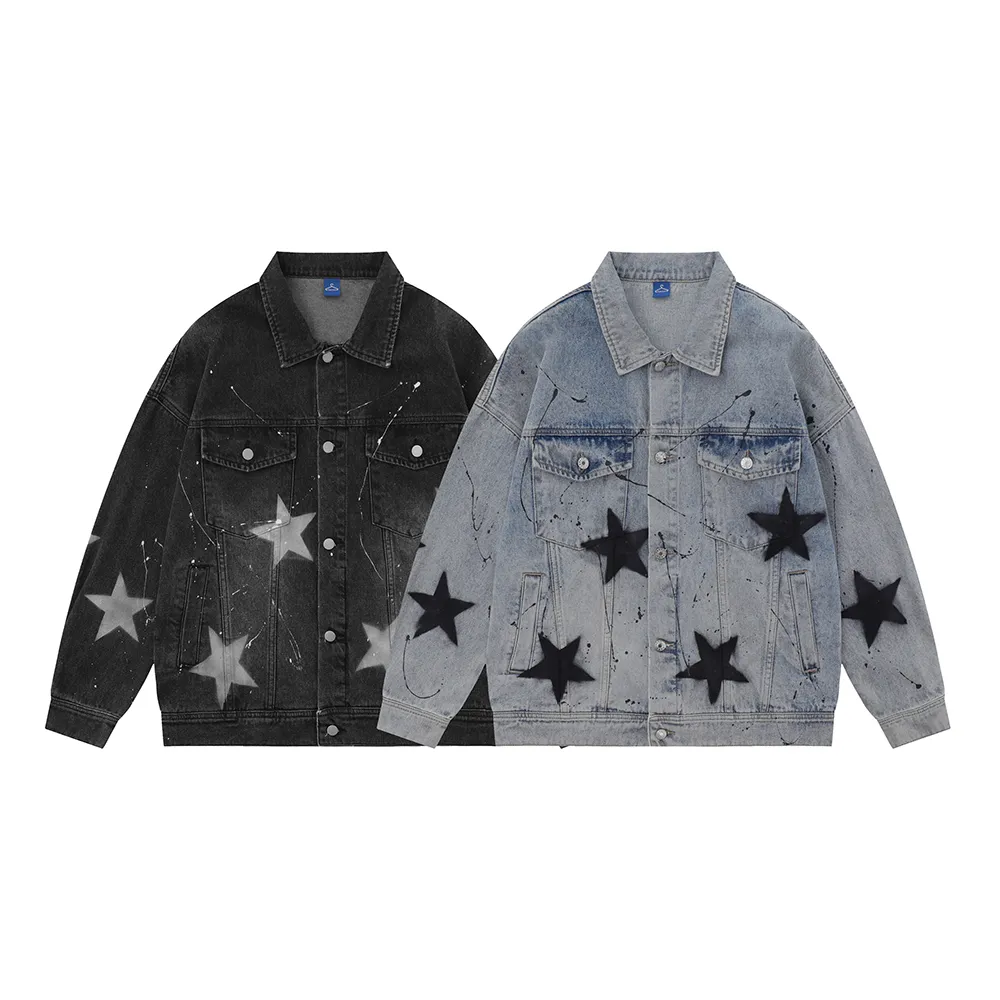 Stars Painted Washed Denim Jacket - Unisex Baggy Oversized