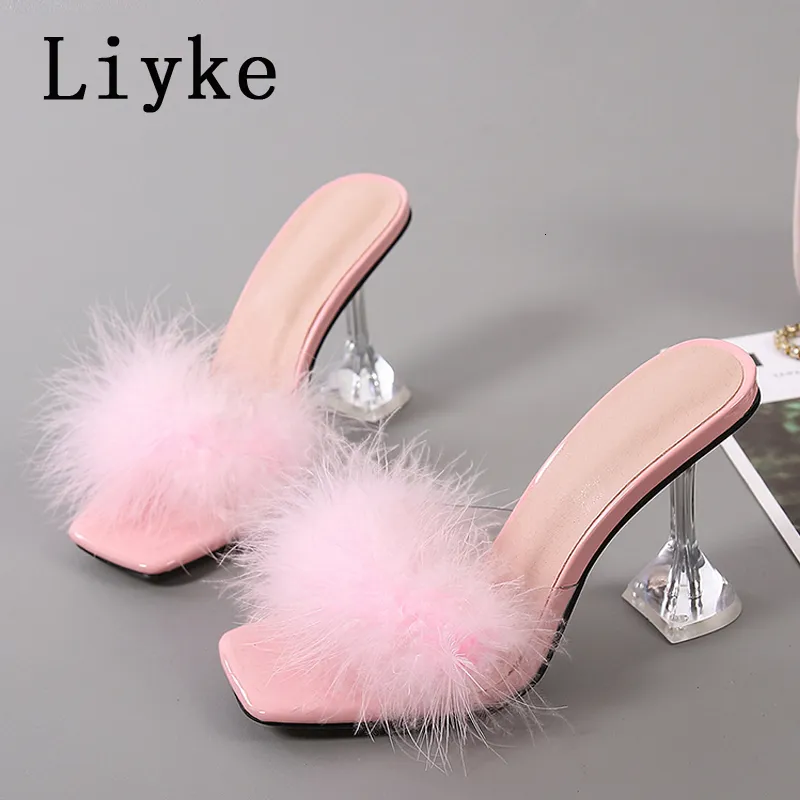 Liyke 9cm الشفافة عالية الكعب الفرو النعال النساء ريشة ريشة زقزقة أخمص القدمين البغال سيدة مضخات الشرائح الحزب حذاء الوردي 230808