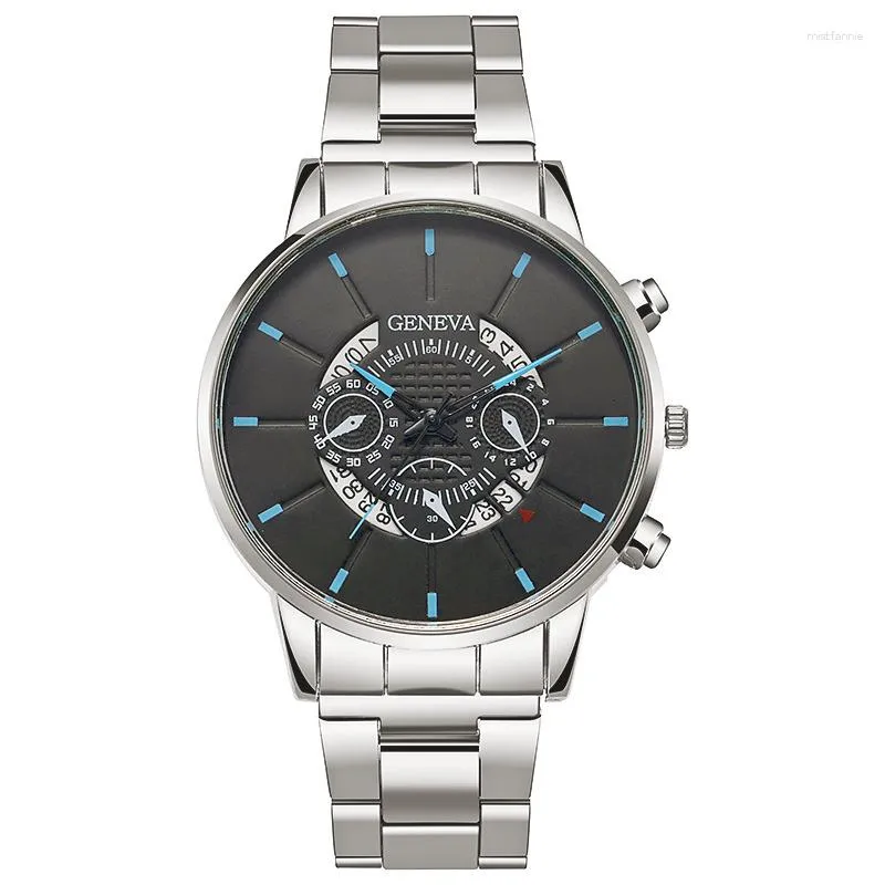 Начатые часы бренд бренд Женева Фаль -три глаза мужские кварцевые часы для отдыха календарь сталелитейные часы.