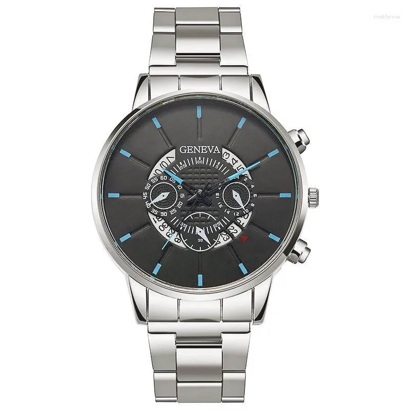 Armbandsur varumärke Genève False Three Eyed Men's Quartz Watch Leisure Business Calendar Steel Band Arvur Drop Drop