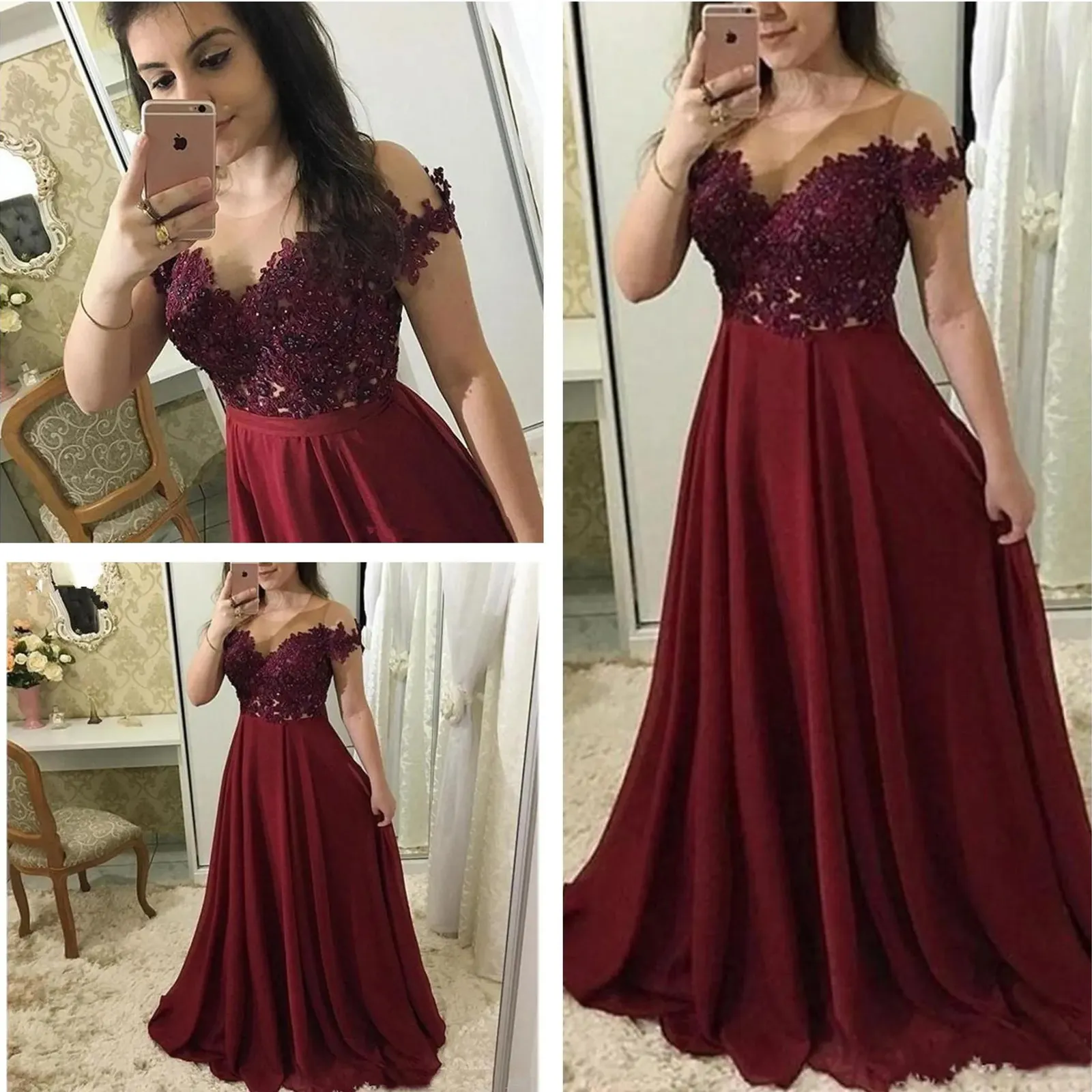 Burgundy Prom Dresses 2024 Illusion Neckline Short Sleeve Lace