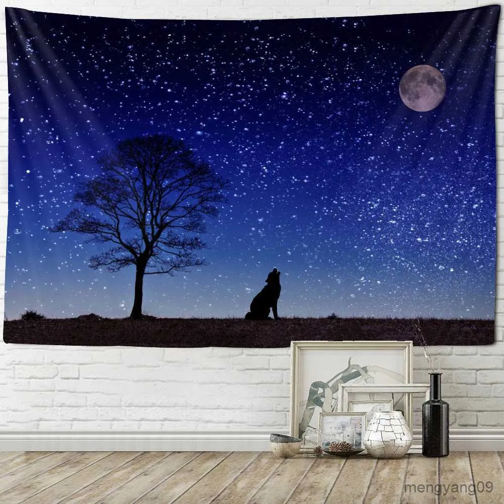 Tapisseries wolf moon tapissery étoile sky paysage mur suspendu en couverture mince couverture murale psychédélique en tissu kawaii peut être personnalisé R230810