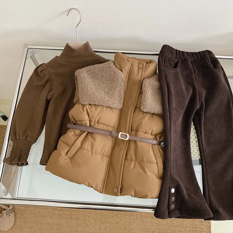 Clothing Sets 2023 Autumn Winter Children Girls Clothes Set Cotton Solid Flared Pants Suit Turtleneck Bottoming Thick Patchwork Vest Outfits 230810