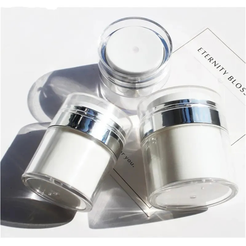 15 30 50 G ML bottles Pearl White Acrylic 0.5oz Airless Round Vacuum Lotion Cream Jar Cosmetic Press Plastic Refillable Air Pump Makeup Container For Packaging Travel