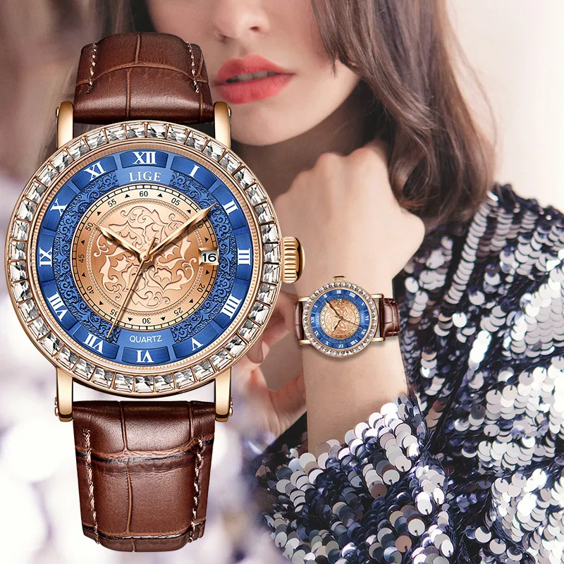 Andra klockor Luxury Women Watch med Diamond Elegant Brand Quartz Clock Leather Armband Ladies Zircon Crystal Fashion Wristwatch 230809