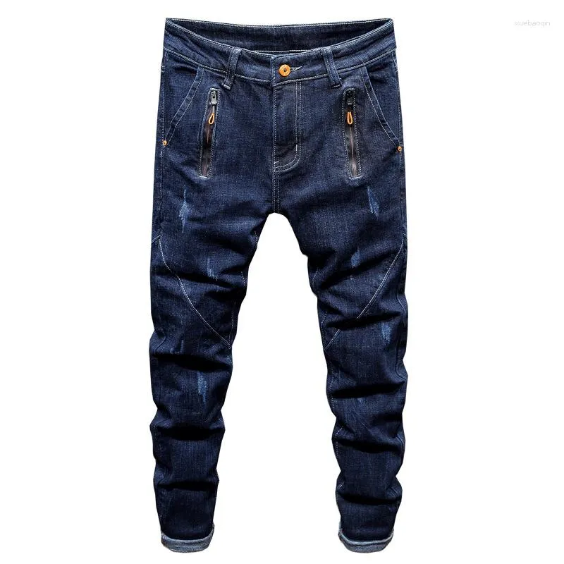 Men's Jeans Mens Stretch Pencil Frayed Scratch Zip Pocket Denim Pants Treet Hip Hop Middle Waisted Washed For Male