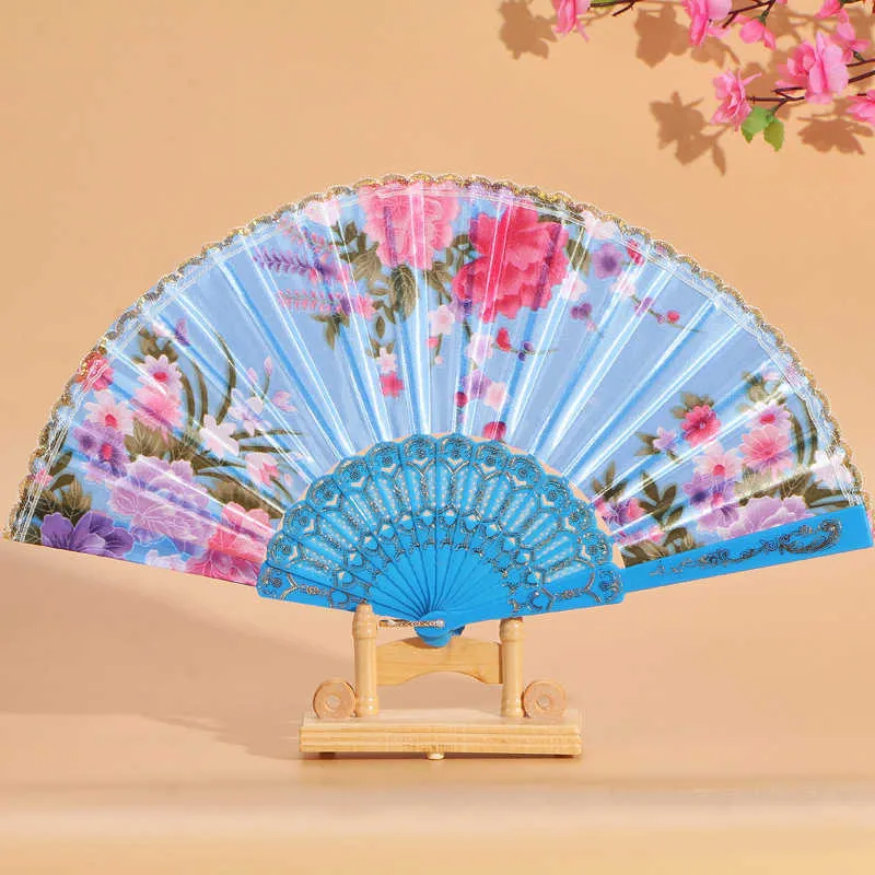 Produtos de estilo chinês Ventiladores de seda florais vintage Estilo chinês Ventilador dobrável de mão de plástico Ventilador de dança de renda artesanal Decoração de festa de casamento Favor de casa