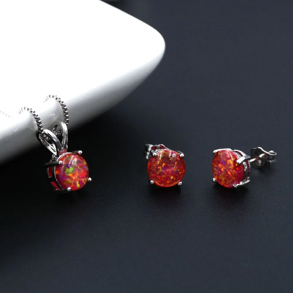 Bröllop smycken set mode rundel 8 mm röd blå rosa vit svart orange eld opal set halsband örhänge 230809
