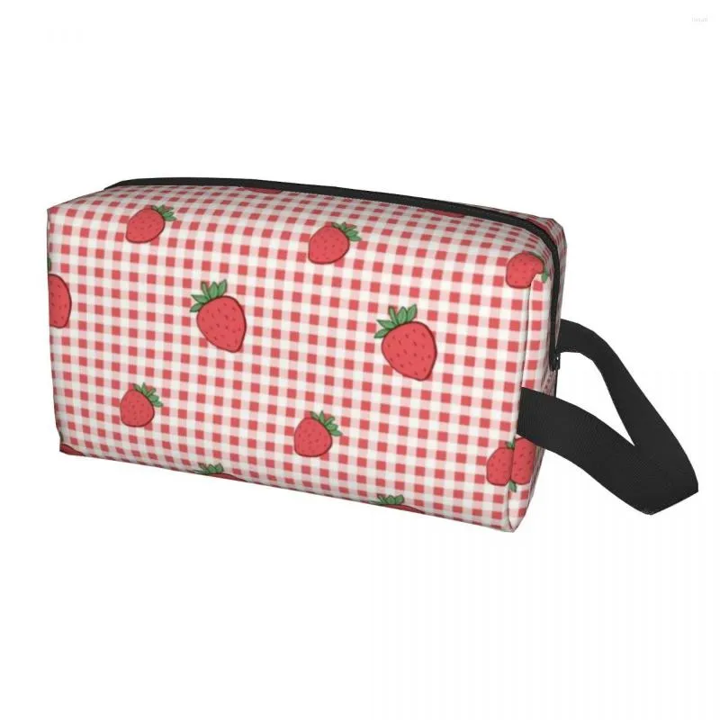 Storage Bags Strawberry Gingham Travel Cosmetic Bag Women Strawberries Pattern Makeup Toiletry Organizer Ladies Beauty Dopp Kit