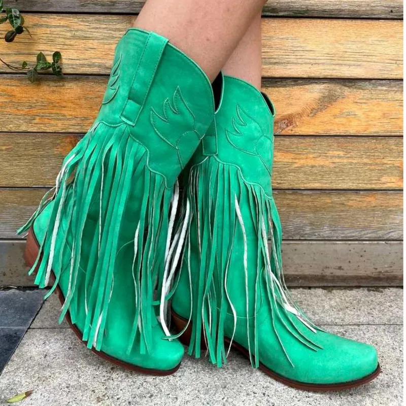 Bottes Cowboy Bottes Chaussures Pour Femmes Gland Talons Chunky Bout Pointu Vert Rouge Western Bottes Mode Slip-on Wedge Bottes Femme 230809