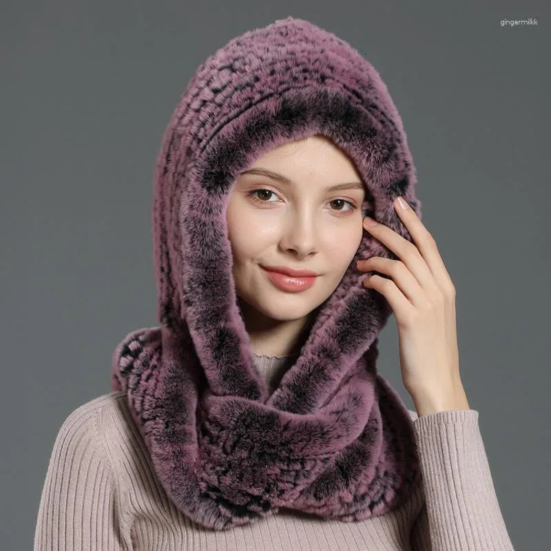 Scarves Rex Fur Hat Hooded Scarf Winter Knitted Hats For Woman Warm With Neck Collar Natural
