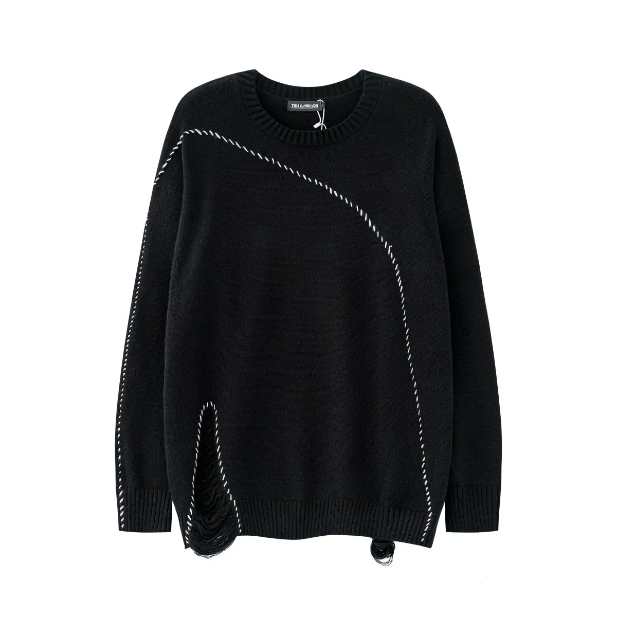 Men s Sweaters Solid Color White Black Thread Lace Up Front Split Hole Ripped Sweater Crew Neck Retro Streetwear Oversized Loose 230809