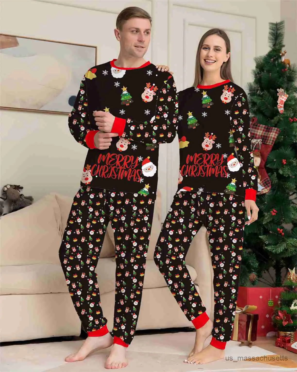 Familjsmatchande kläder Xmas Family Matching Pyjamas 2023 Christmas Deer Santa Print Vuxen Barnkläddräkt Babykläder R230810