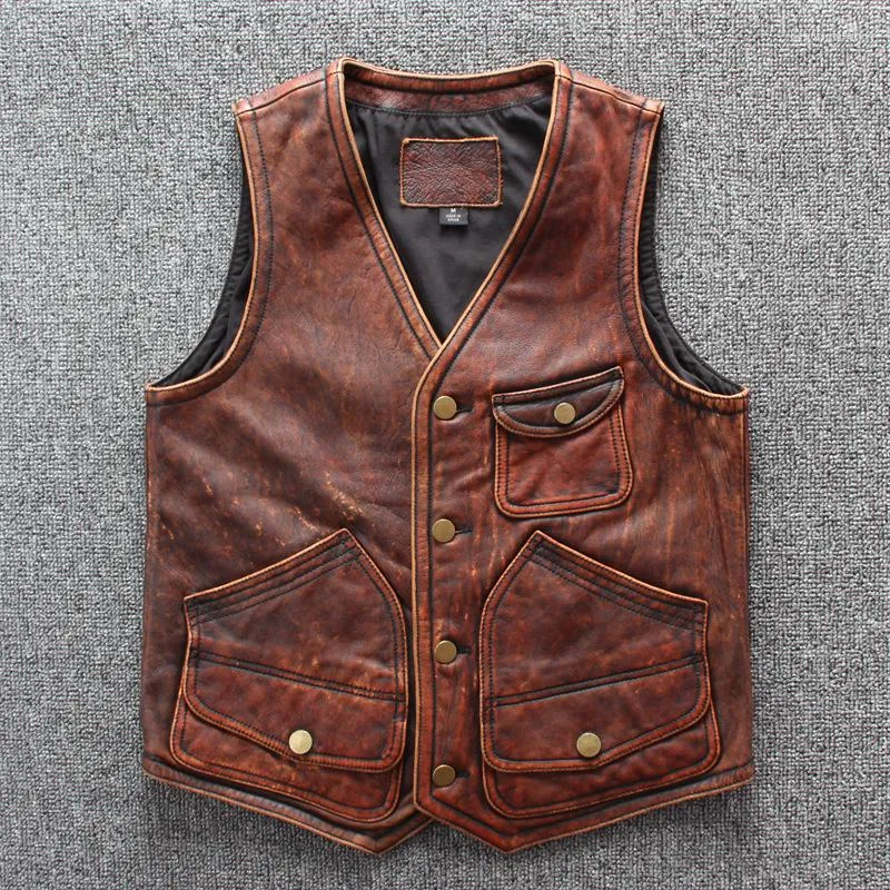 Men's Vests Professional Motorcycle Genuine Leather Large Size Cow Vest Designer Brand High Quality Sleeveless Jacket